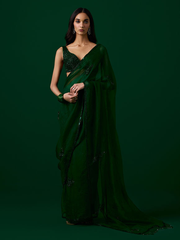Bottle Green Hand Embroidered Organza Saree with Blouse- Set of 2