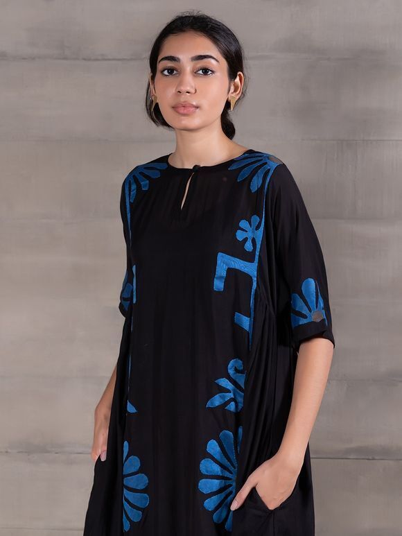 Black Applique Embroidered Mulmul Silk Dress with Cotton Slip
