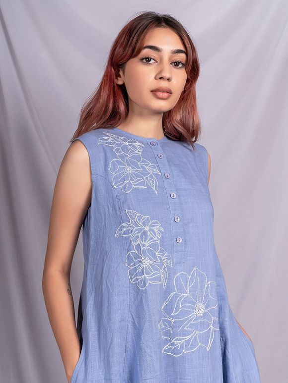 Blue Hand Embroidered Cotton A- Line Dress