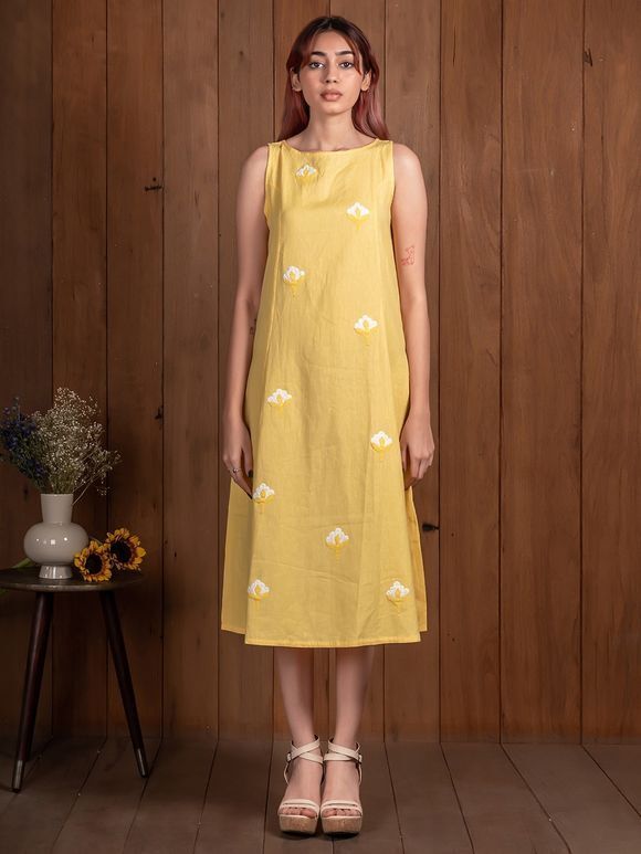 Yellow Applique Work Cotton A- Line Dress