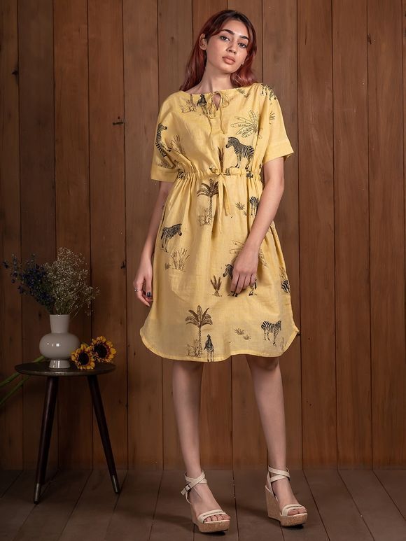 Yellow Printed Cotton Dress with Slip