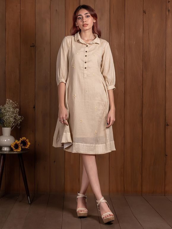 Beige Thread Embroidered Cotton A- Line Dress with Slip