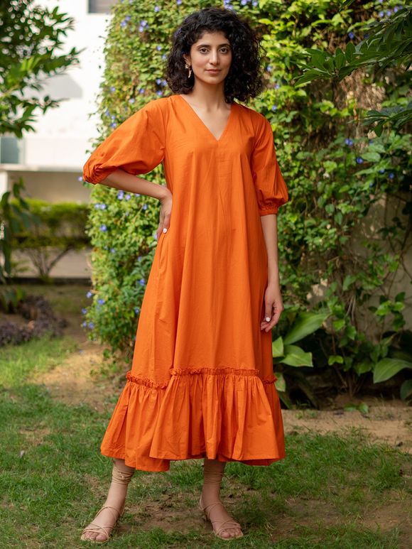 Orange Cotton Poplin Dress