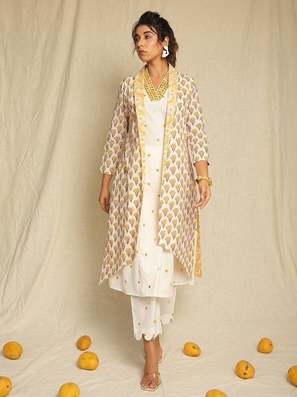 White Mirror Work Cotton Kurta with Hand Block Printed Cape and Scalloped Pants- Set of 3