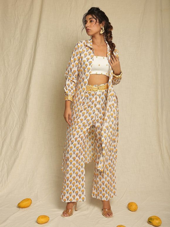 White Mirror Work Cotton Bustier with Yellow Hand Block Printed Shrug and Pants- Set of 3