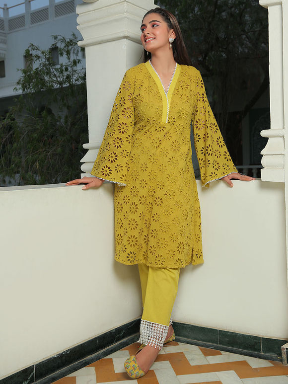 Yellow Schiffli Embroidered Cambric Cotton Kurta with Pants- Set of 2
