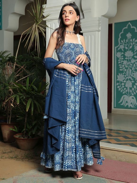 Blue Hand Block Printed Cambric Cotton Anarkali Suit-Set of 3