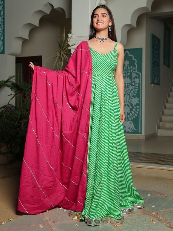 Green Hand Block Printed Cambric Cotton Anarkali Dress with Pink Dupatta- Set of 2