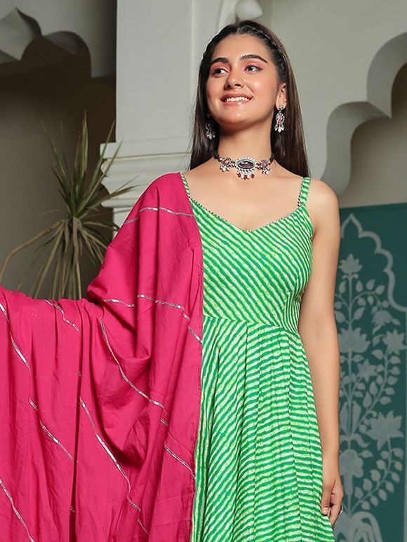Green Hand Block Printed Cambric Cotton Anarkali Dress with Pink Dupatta- Set of 2