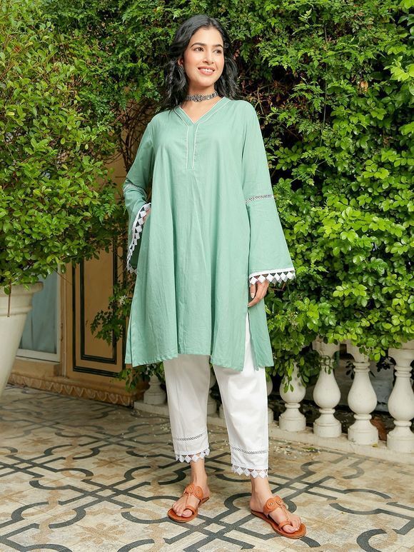 Green Lace Cambric Cotton Kurta with White Pants- Set of 2