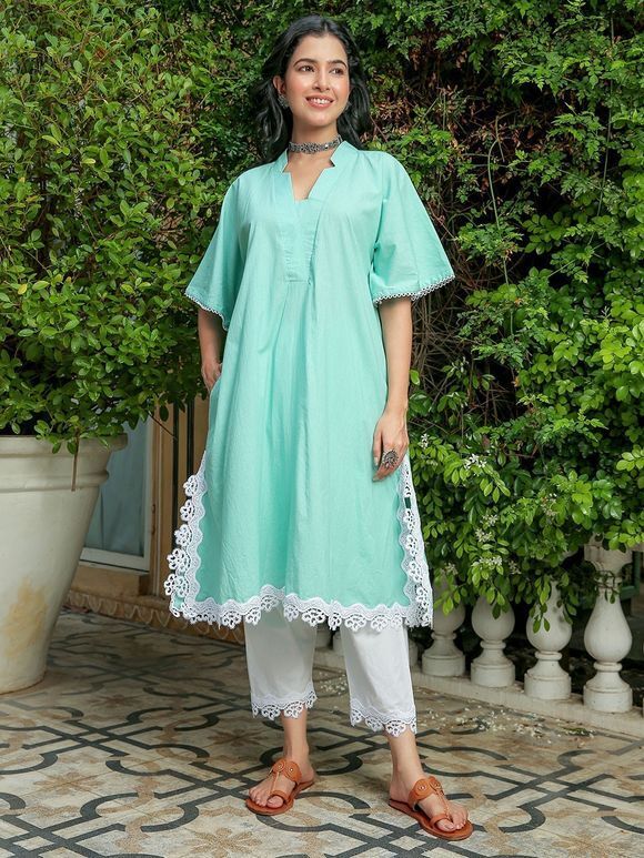 Green Lace Cambric Cotton Kurta with White Pants- Set of 2
