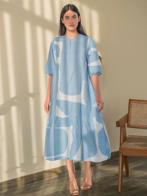 Powder Blue Printed Cotton Poplin Dress