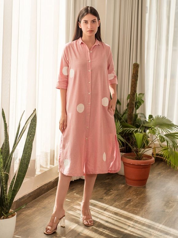 Pink Hand Block Polka Dot Printed Cotton Linen Shirt Dress