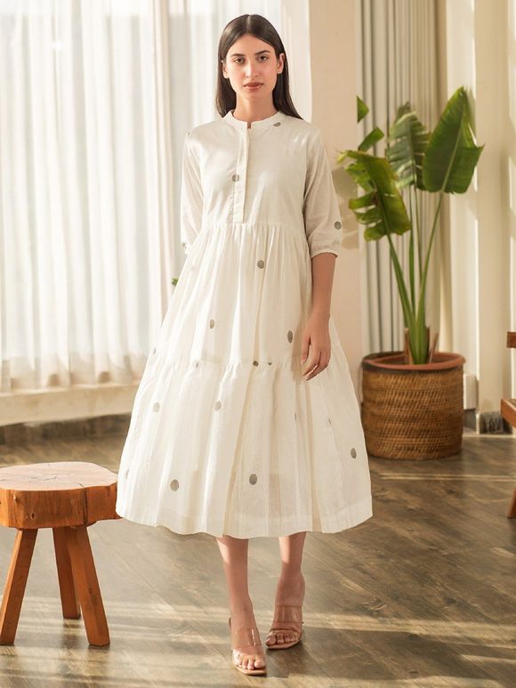White Hand Block Polka Dot Printed Cotton Tiered Dress