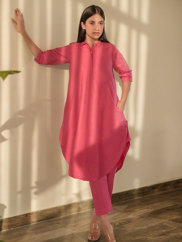 Pink Cotton Poplin Tunic with Pants - Set of 2