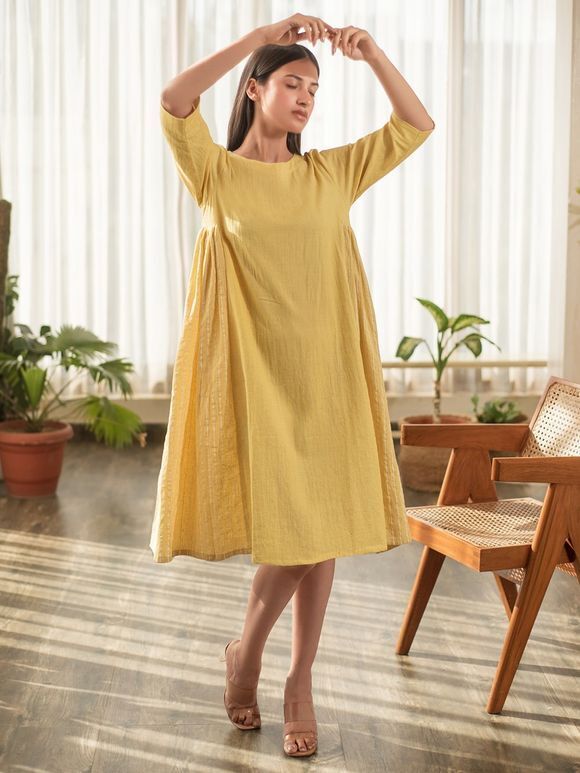 Yellow Hand Block Printed Cotton Linen Gathered Dress