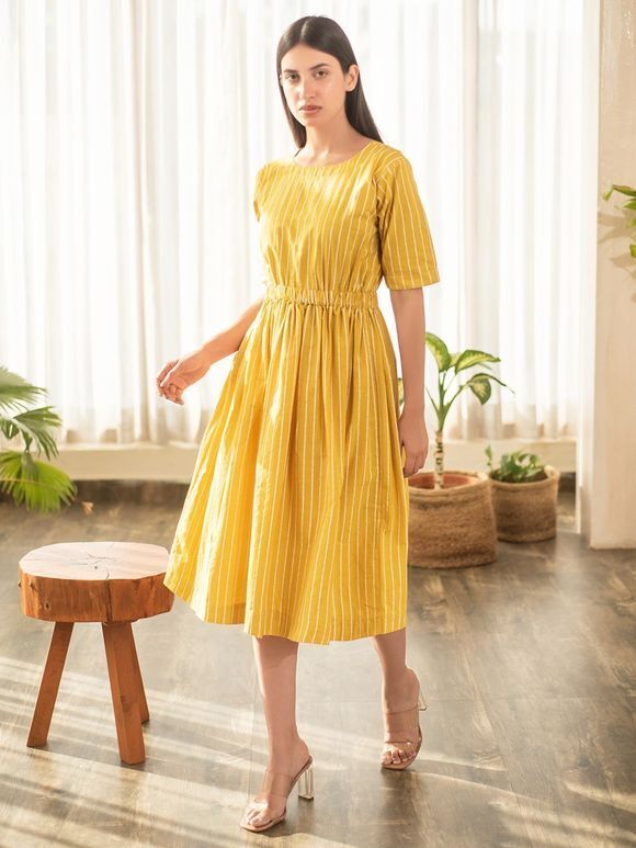 Yellow Hand Block Printed Striped Cotton Poplin Dress