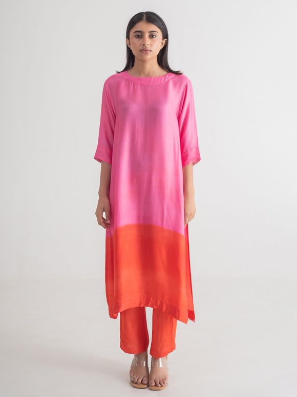 Red Pink Ombre Modal Silk Kurta with Pants- Set of 2