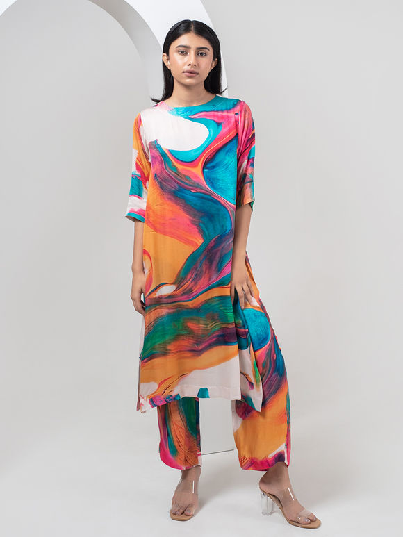 Multicolor Printed Modal Silk Kurta with Pants- Set of 2