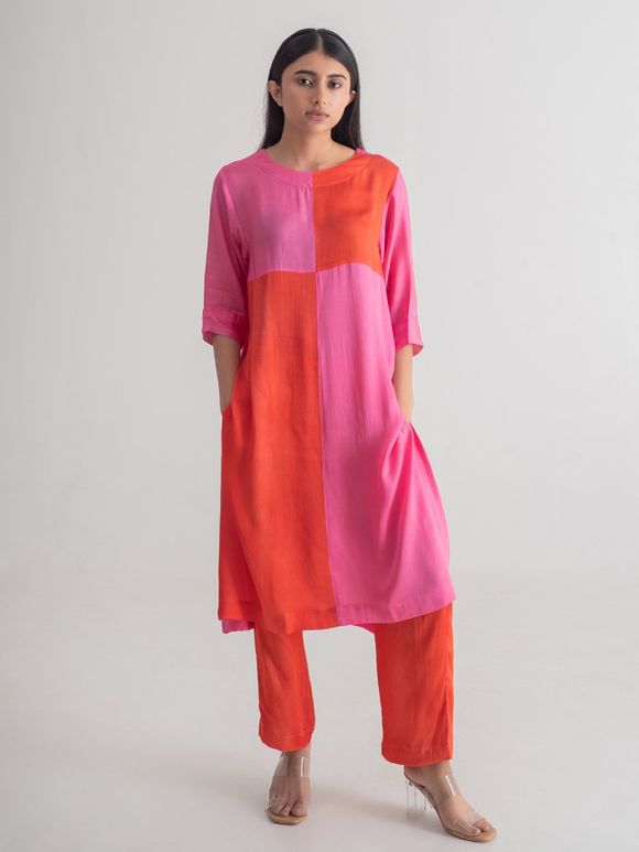 Red Pink Color Block Modal Silk Kurta with Pants- Set of 2