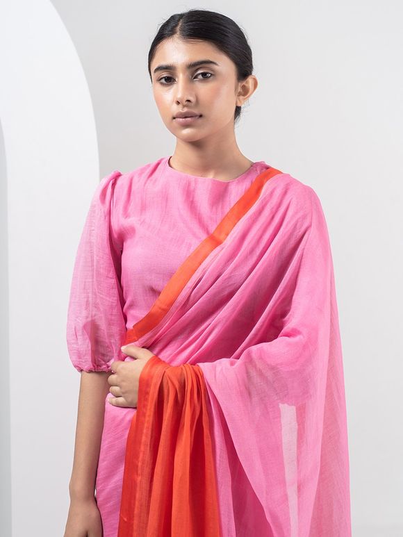 Red Pink Ombre Chanderi Saree with Blouse- Set of 2