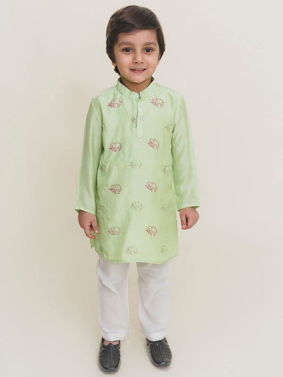 Green Hand Embroidered Viscose Silk with Kurta with cotton Pants - Set of 2
