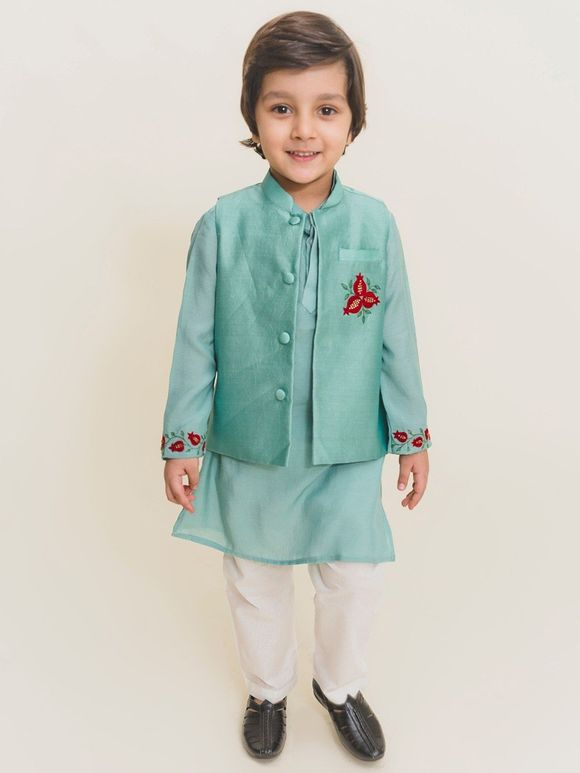 Aqua Blue Muslin Kurta with Hand Embroidered Chanderi Jackets and White Cotton Pants - Set of 3