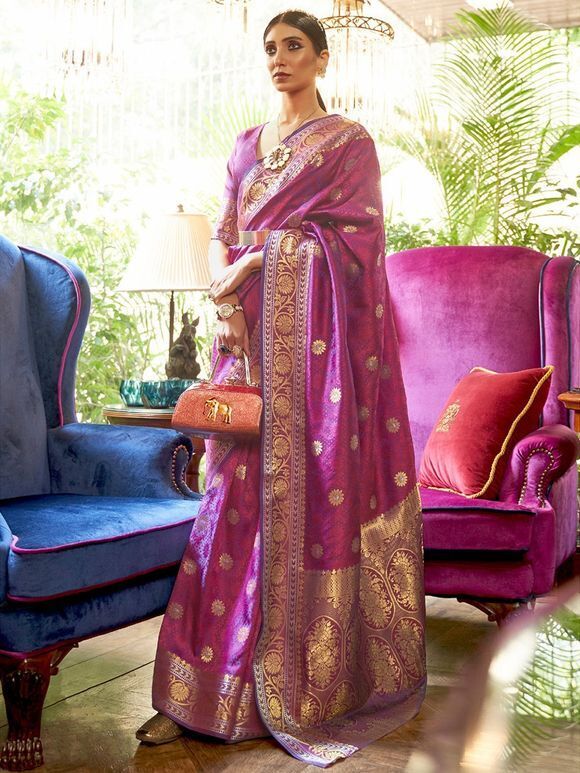 Purple Printed Silk Blend Saree