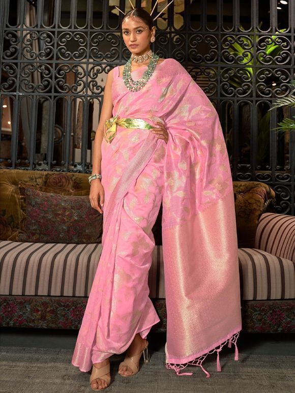 Pink Zari Silk Blend Saree