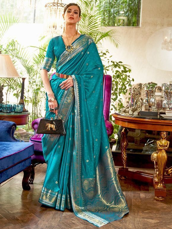 Blue Printed Silk Blend Saree