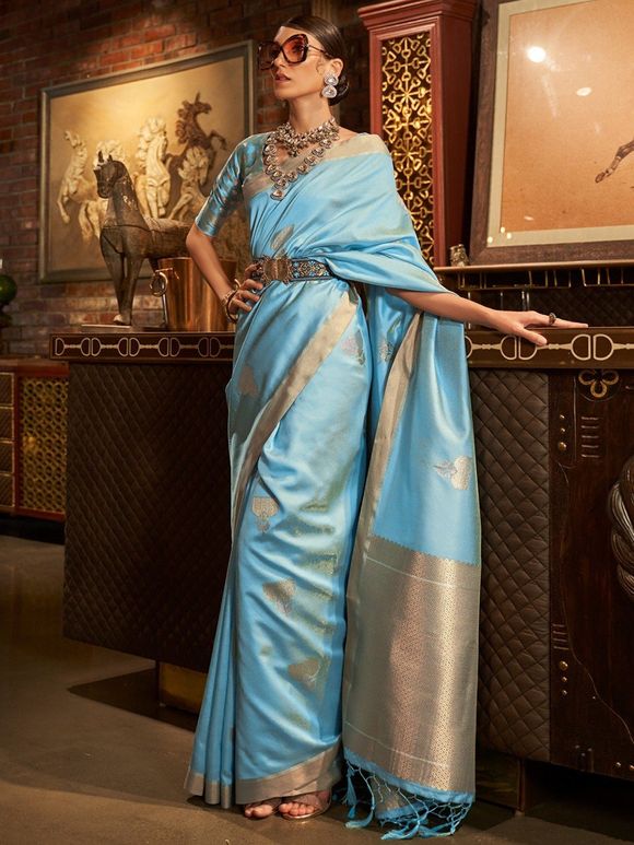 Blue Zari Silk Blend Saree