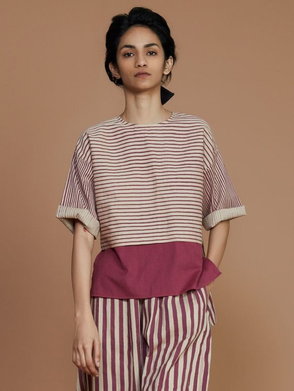 Ivory Mauve Striped Cotton High Low Top