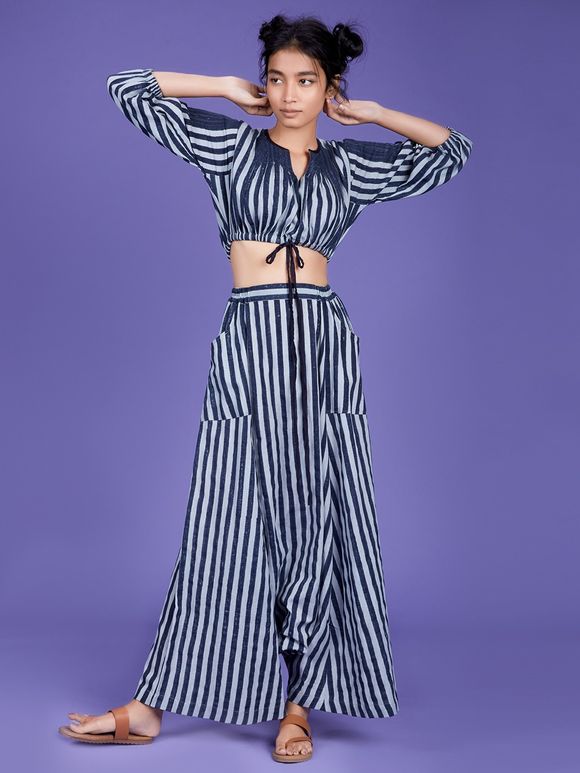 Buy Lavender Hand Block Printed Striped Cotton Bustier Top and Pants ...
