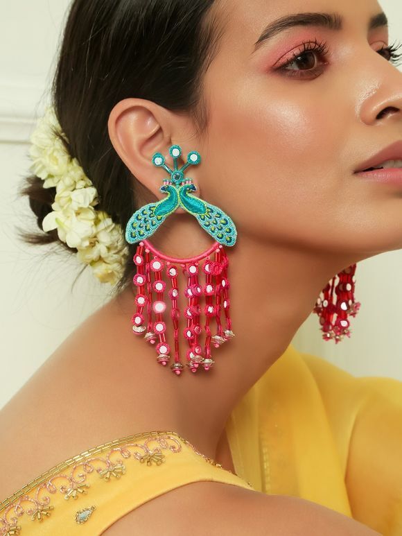 Blue Pink Handcrafted Metal Peacock Earrings