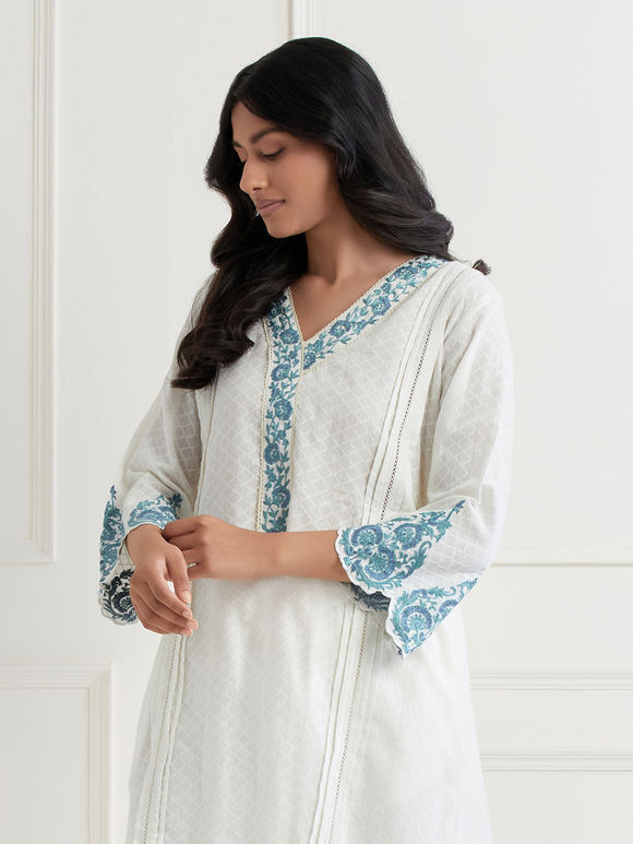 White Embroidered Cotton Dobby Kurta with Salwar- Set of 2