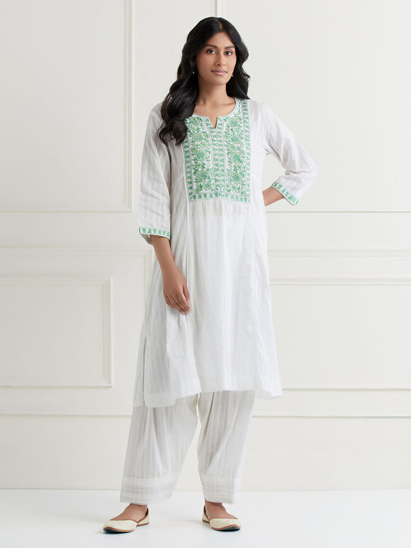 White Embroidered Cotton Dobby Kurta with Salwar- Set of 2