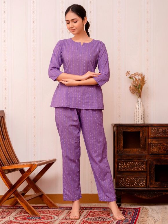Purple Printed Cotton Lounge Wear- Set Of 2