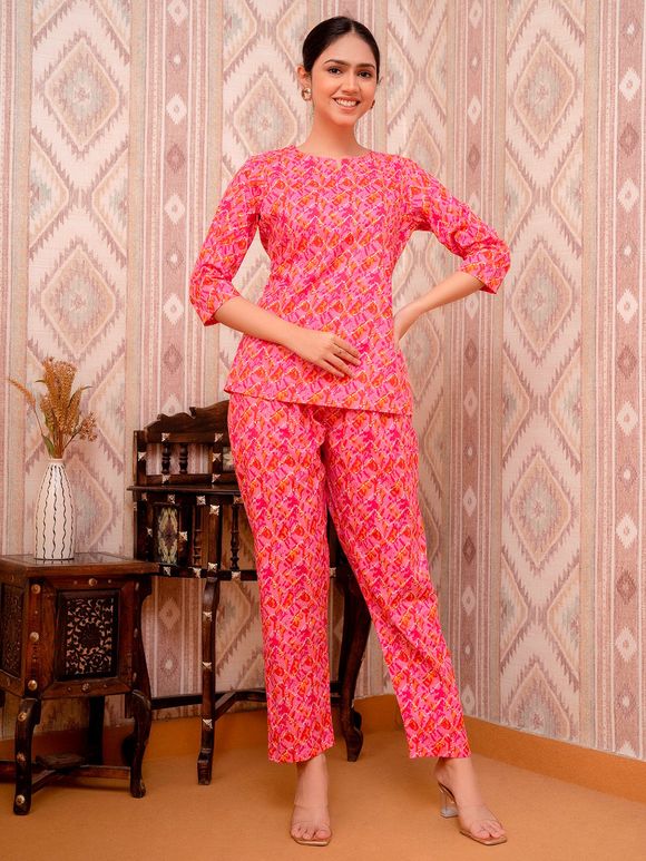 Pink Printed Cotton Lounge Wear- Set Of 2