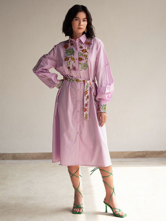 Lilac Embroidered Cotton Shirt Dress with Belt