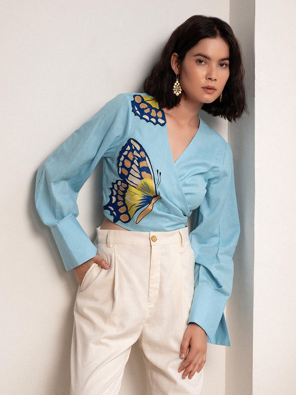 Blue Embroidered Cotton Linen Top
