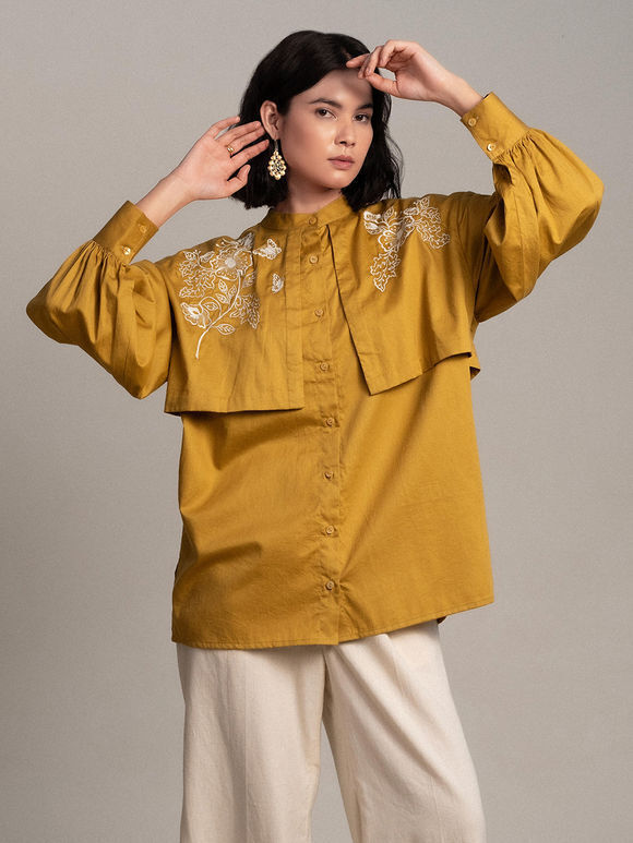 Mustard Yellow Embroidered Cotton Satin Shirt