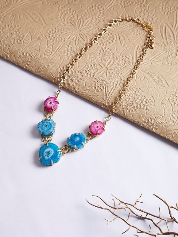 Blue Pink Natural Stones Metal Necklace