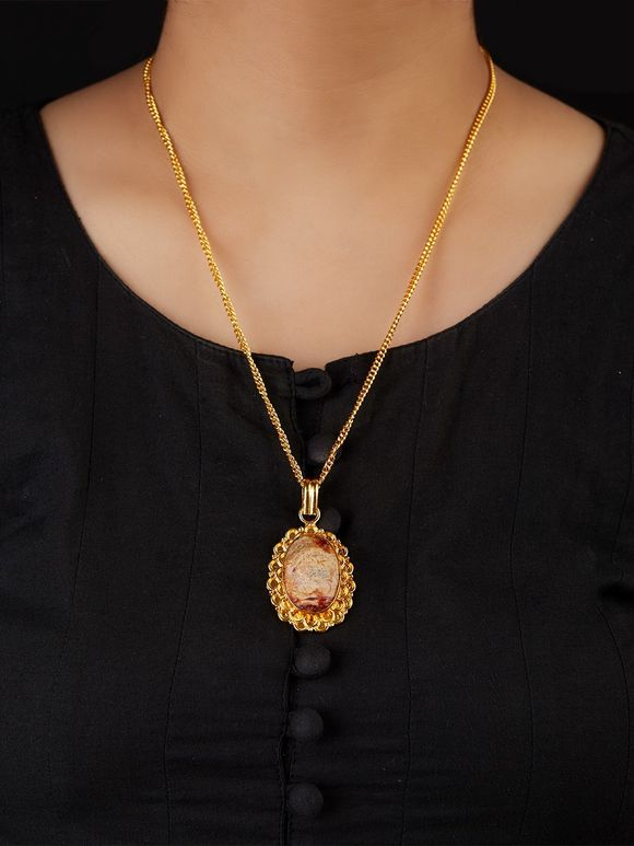 Gold Toned Beige Natural Stone Metal Pendant Necklace
