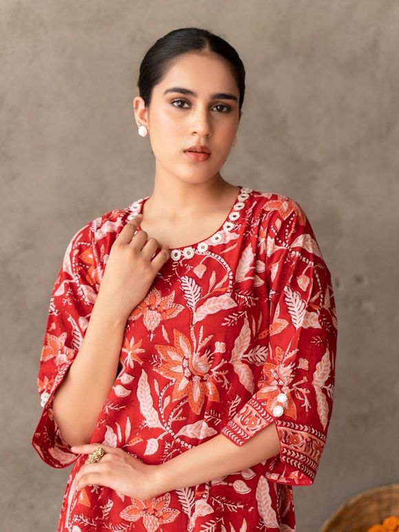 Red Hand Block Printed Cotton Embroidered Dress