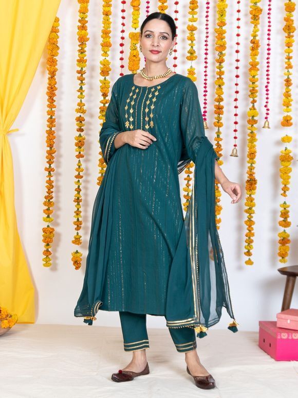 Green Embroidered Cotton Lurex Striped Suit with Viscose Chiffon Dupatta - Set of 3