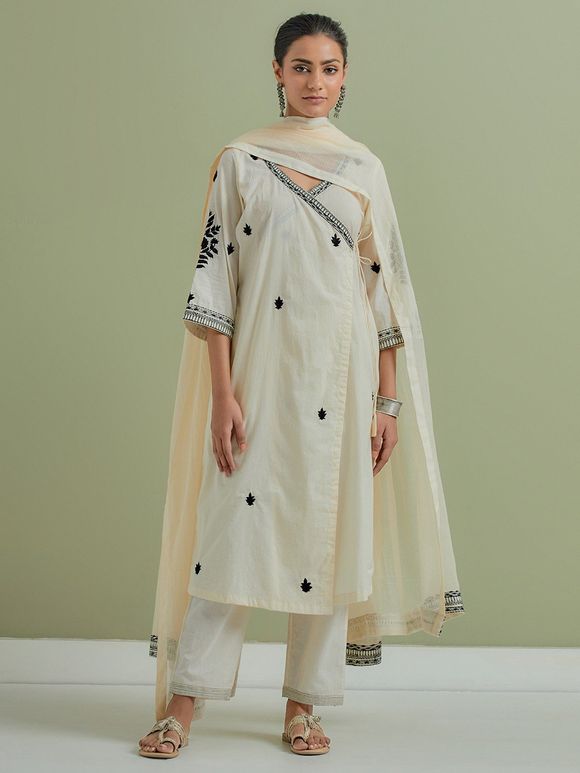 Off White Embroidered Cotton Angrakha Suit with Kota Dupatta - Set of 3