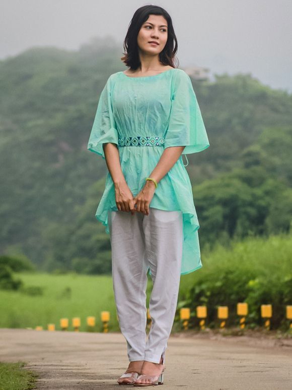Sea Green Tie and Dye Cotton High Low Kaftan with Embroidered Belt and White Pants- Set of 2
