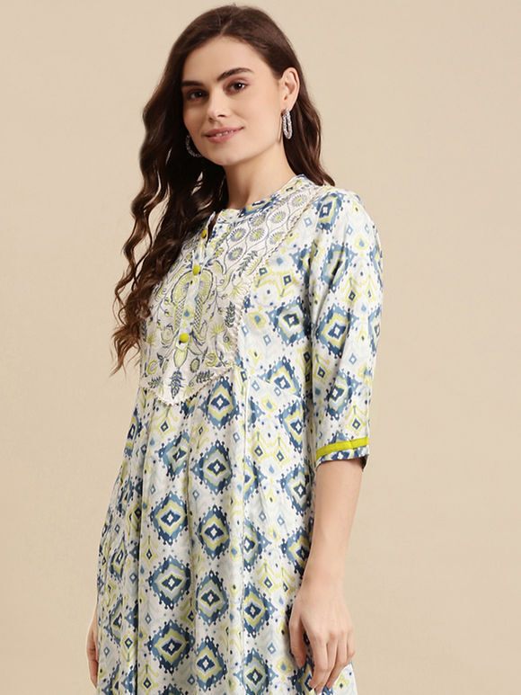 Blue Printed Cotton Embroidered Suit- Set of 3