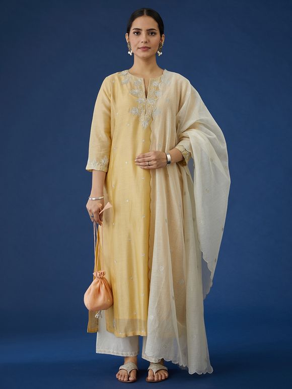Chanderi Silk Kurta Pant And Dupatta Set In Block Print