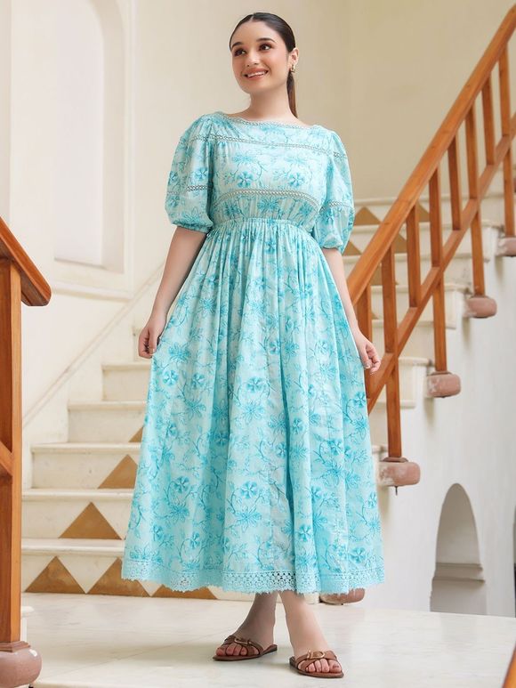 Aqua Blue Printed Cotton Dress